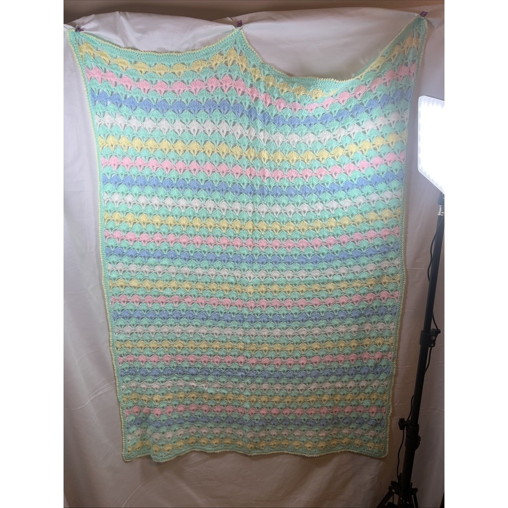 Vintage Handmade Afghan 36" X 50" Pink, Green, White, Blue Pastels